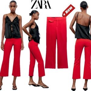 Zara red high waisted mini flare cropped ankle pants Sz L NWT